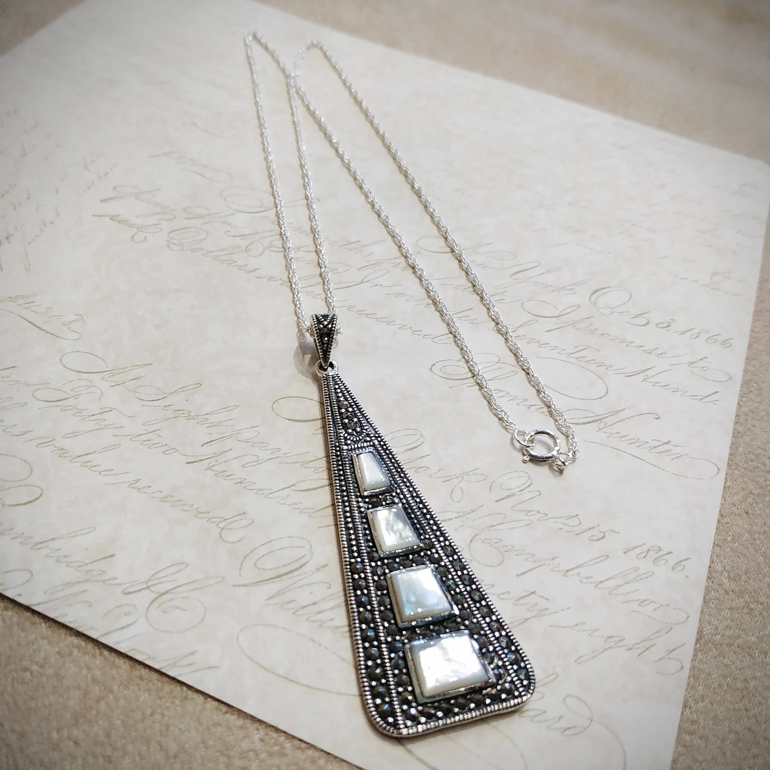 Mother of Pearl Art Deco Pendant  Silver Marcasite