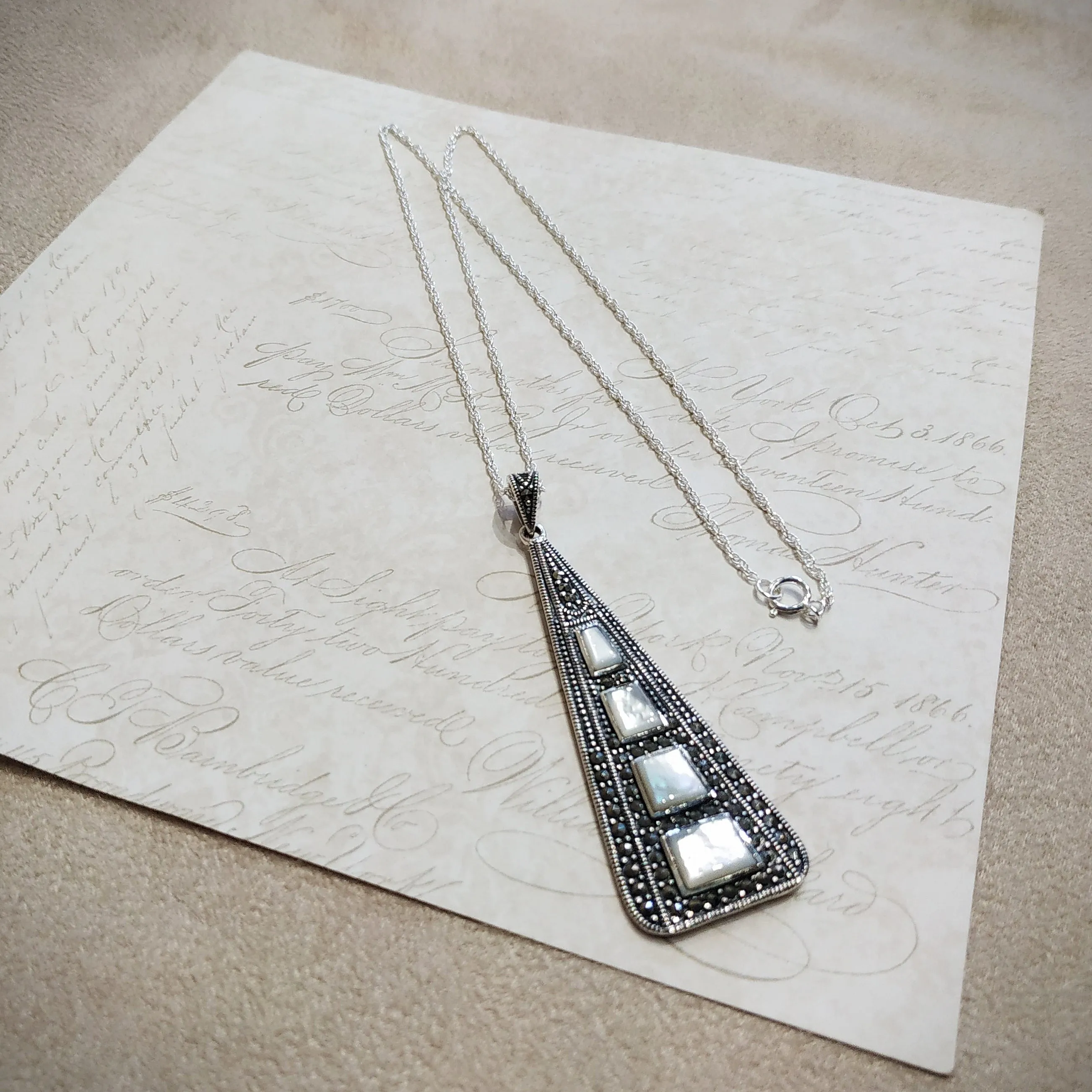 Mother of Pearl Art Deco Pendant  Silver Marcasite