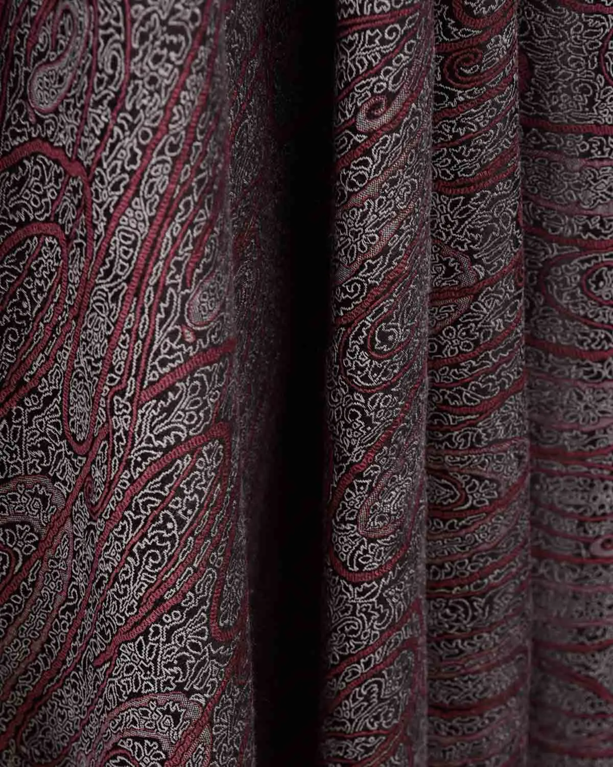 Muted Garnet Paisley Satin Tanchoi Handwoven Silk Wool Unisex Dress Shawl