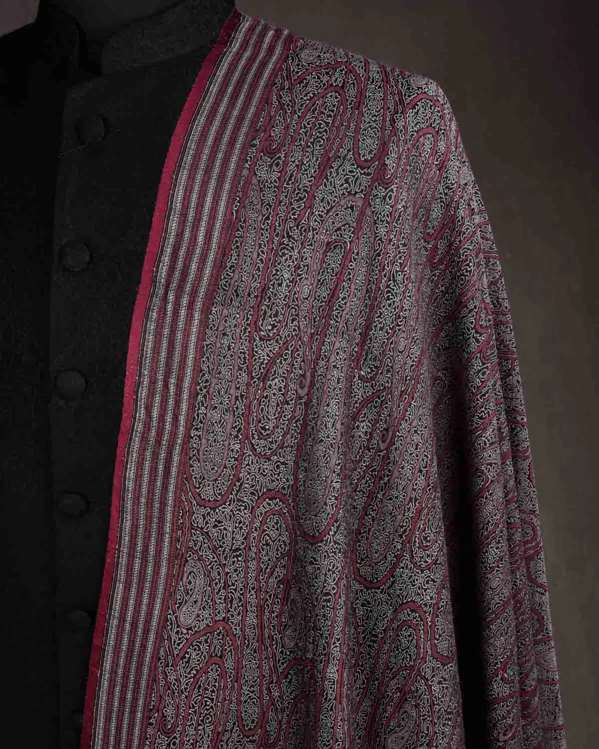 Muted Garnet Paisley Satin Tanchoi Handwoven Silk Wool Unisex Dress Shawl