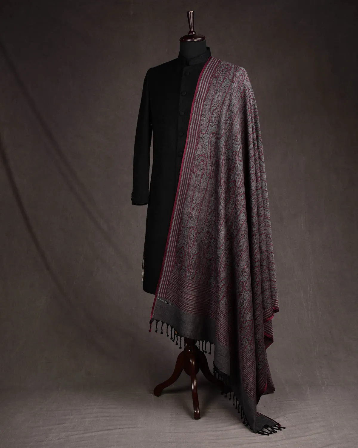 Muted Garnet Paisley Satin Tanchoi Handwoven Silk Wool Unisex Dress Shawl