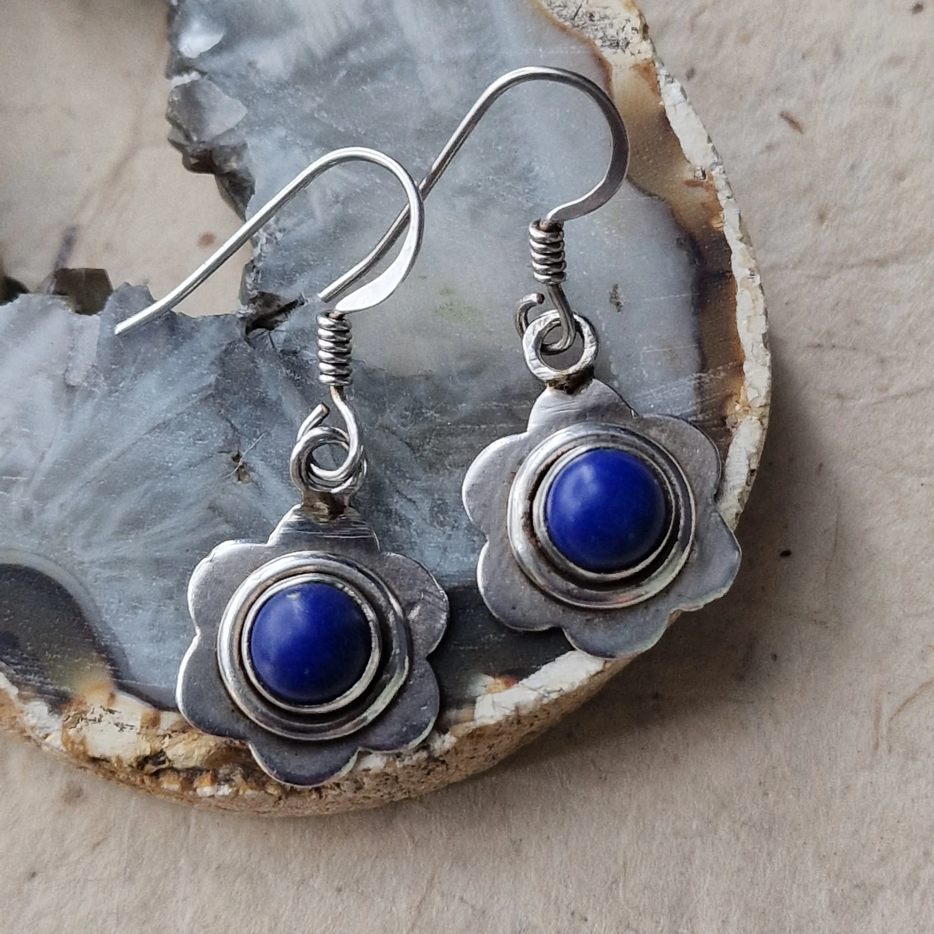 Nepali Lapis Lazuli Silver Flower Design 925 Hook Earrings