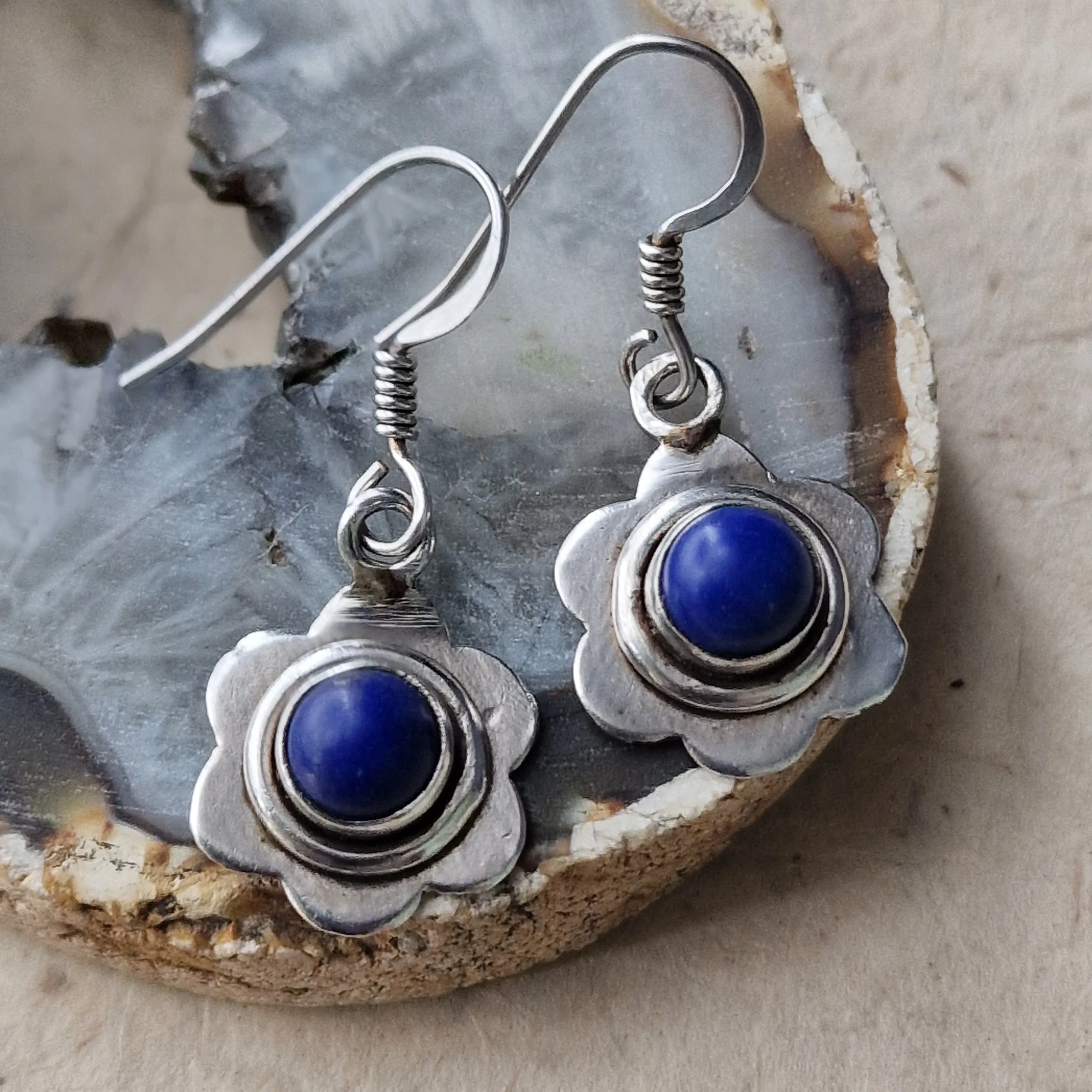 Nepali Lapis Lazuli Silver Flower Design 925 Hook Earrings