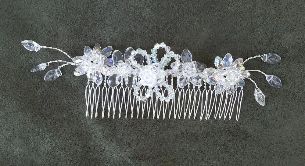 OOAK Handmade Bridal Veil Comb with Hand-wired Czech Glass Flowers and Leaves