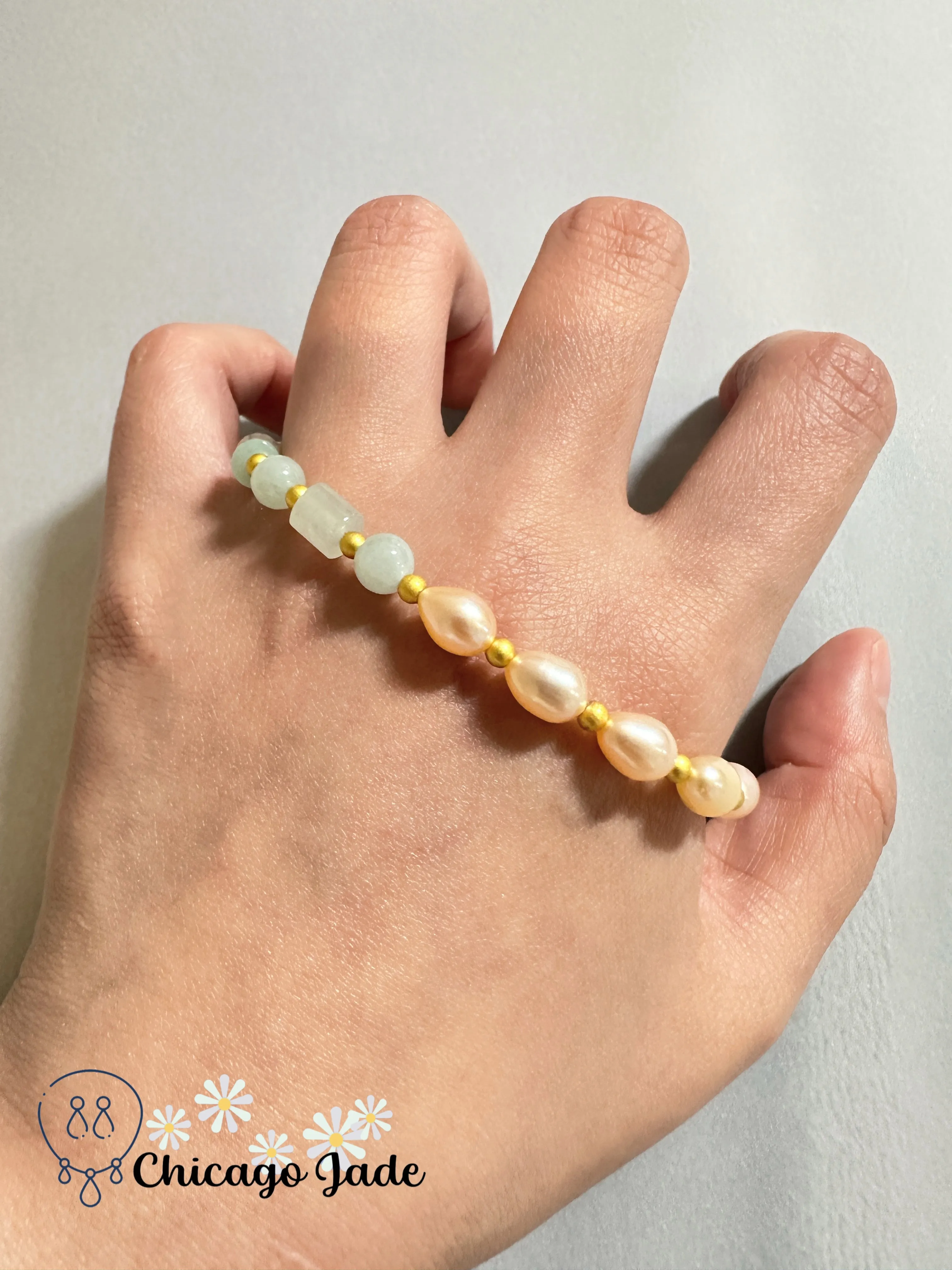 Pearl and jadeite jade beaded bracelets, alloy, natural untreated, adjustable
