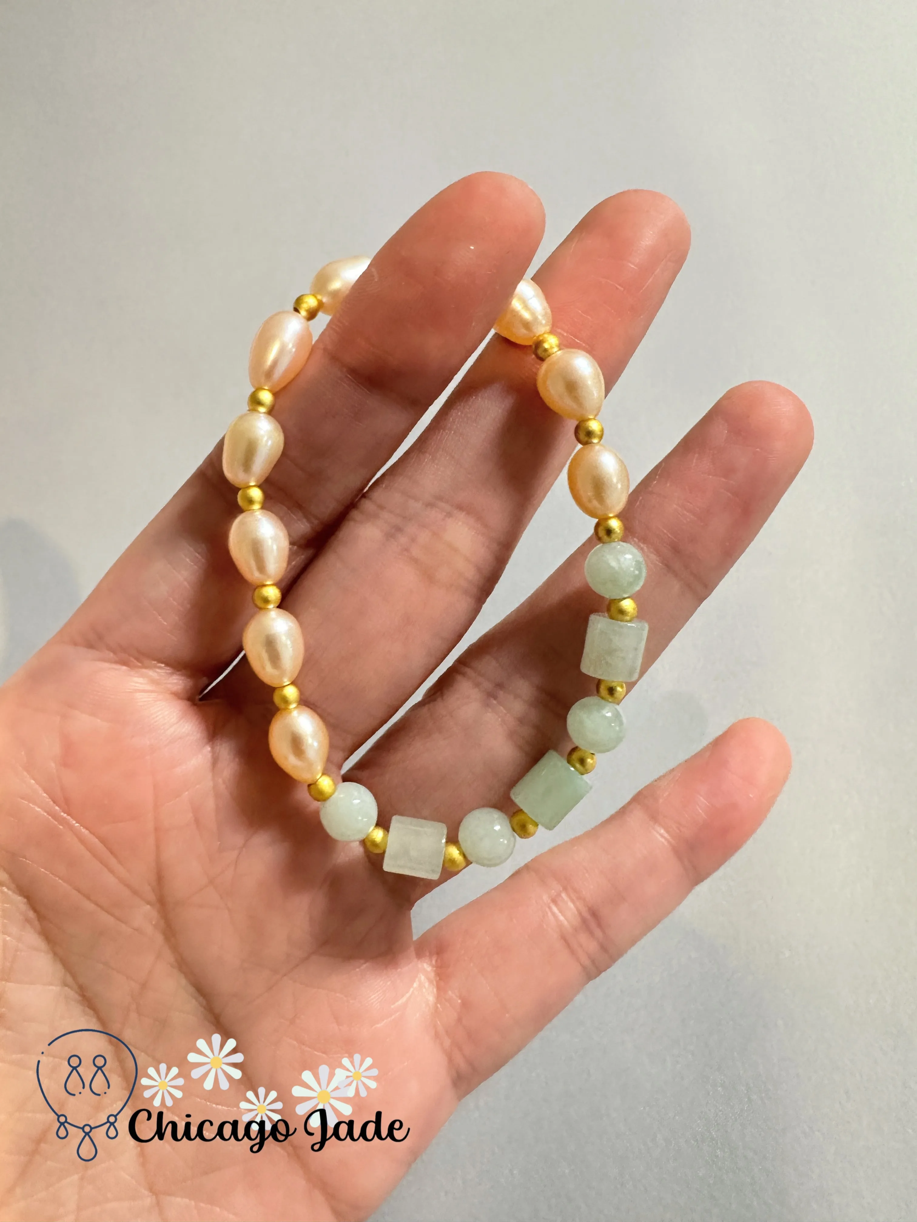 Pearl and jadeite jade beaded bracelets, alloy, natural untreated, adjustable