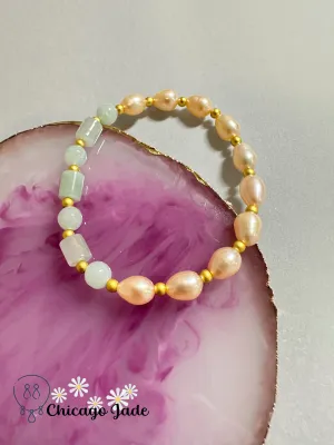 Pearl and jadeite jade beaded bracelets, alloy, natural untreated, adjustable