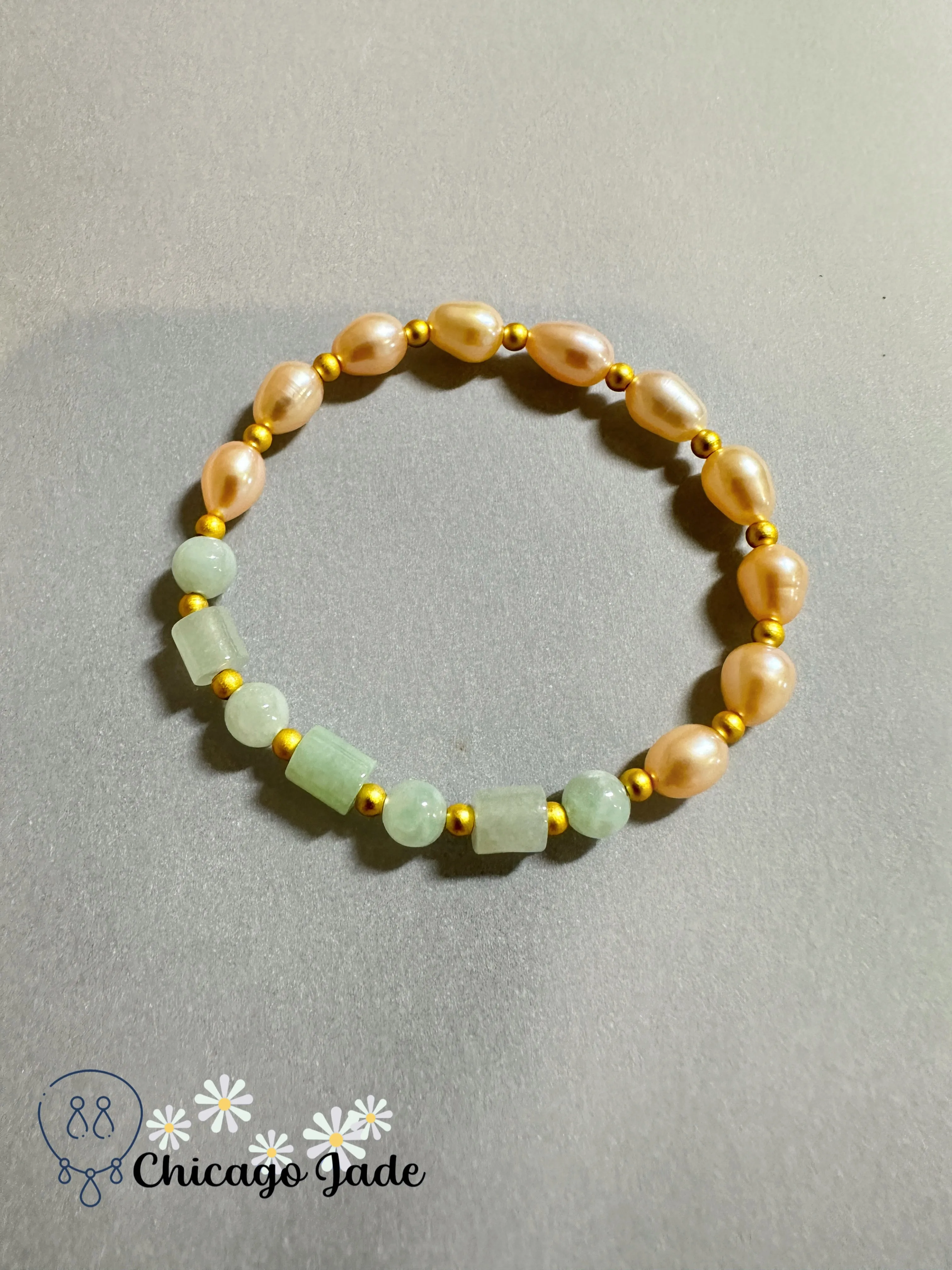 Pearl and jadeite jade beaded bracelets, alloy, natural untreated, adjustable