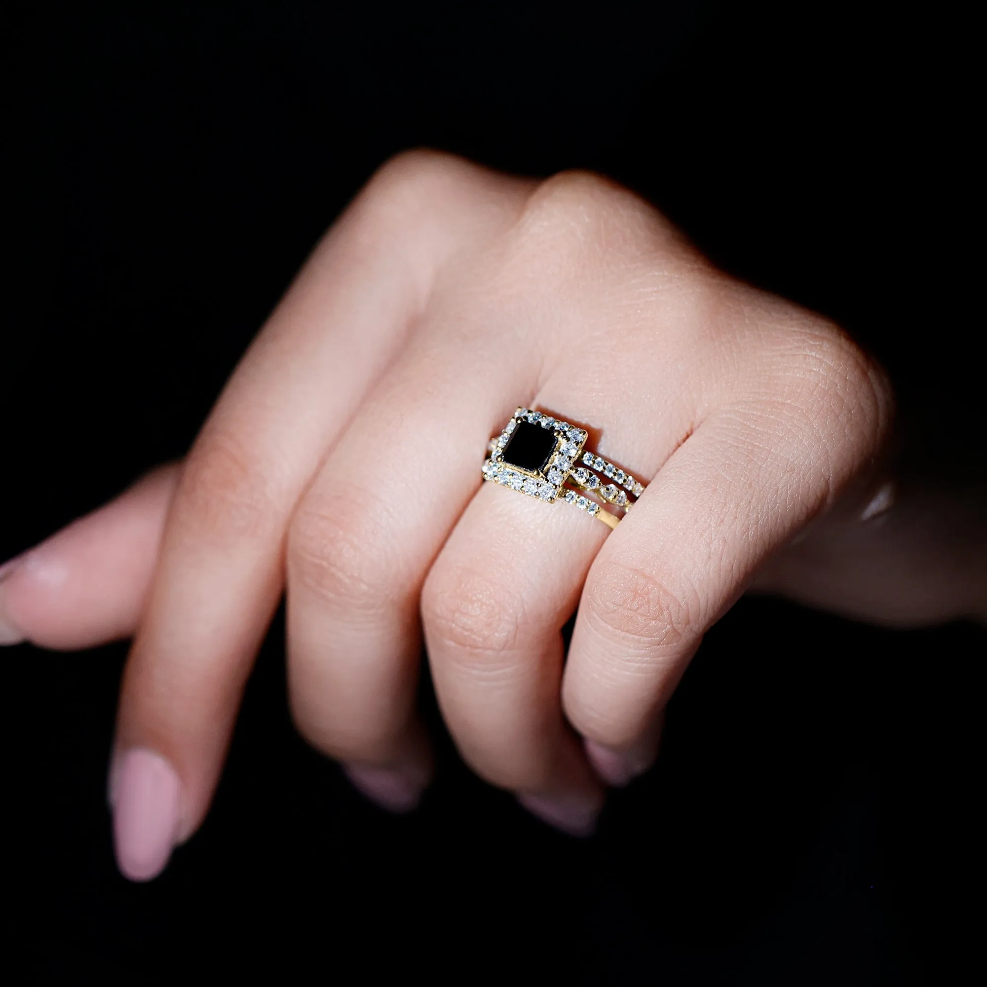 Princess Cut Black Onyx Bridal Ring Set with Moissanite Halo