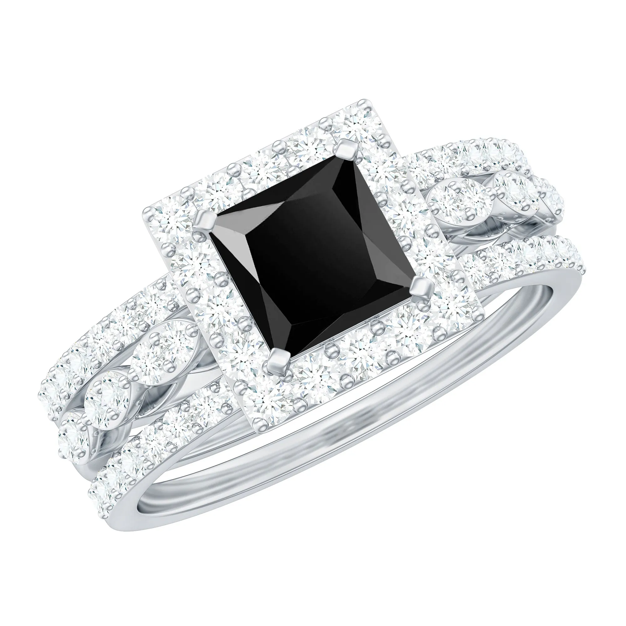Princess Cut Black Onyx Bridal Ring Set with Moissanite Halo