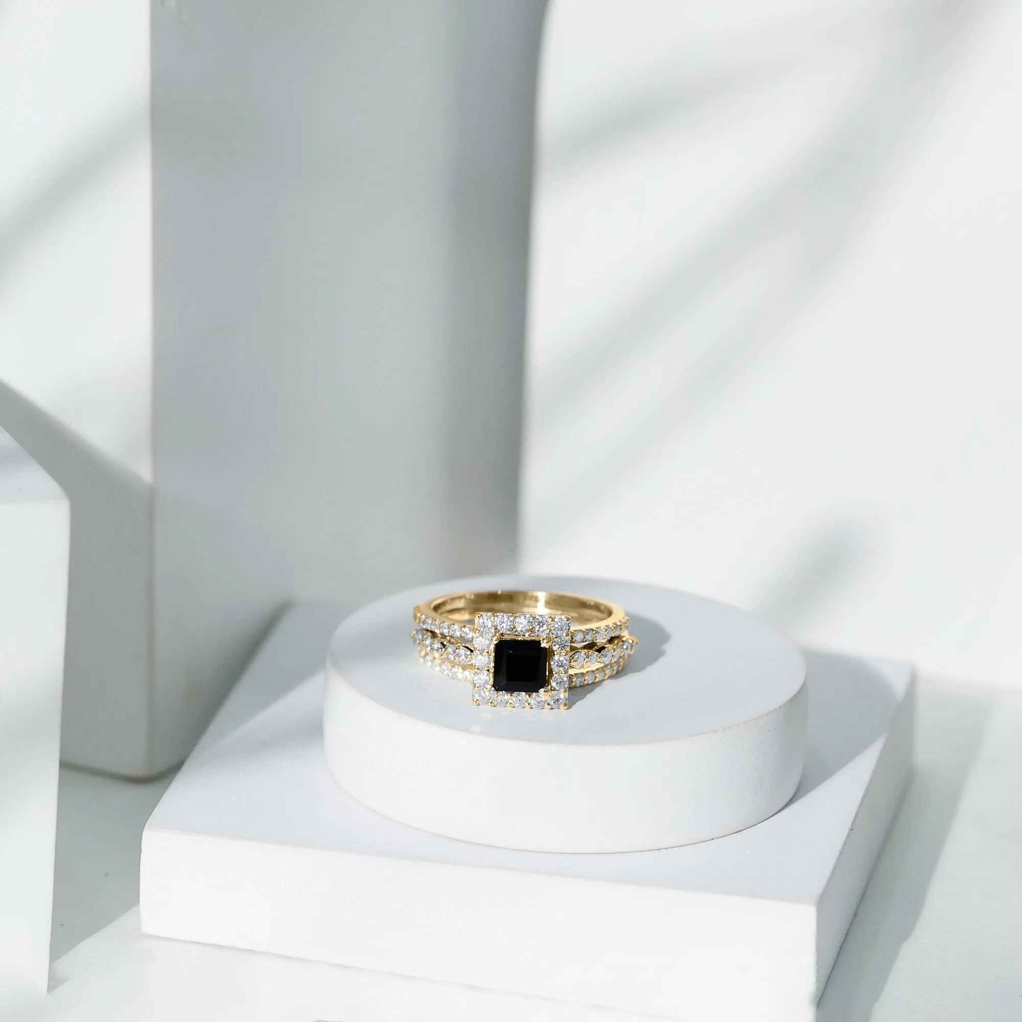 Princess Cut Black Onyx Bridal Ring Set with Moissanite Halo
