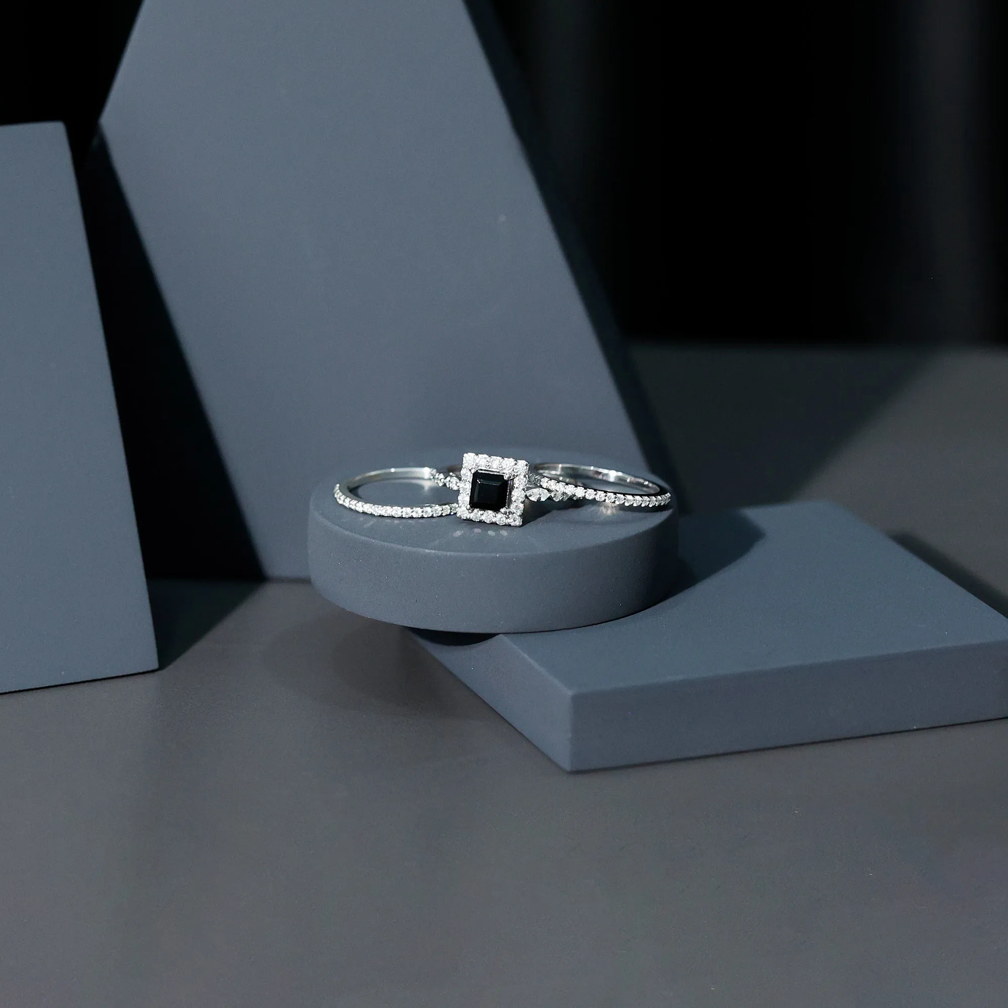 Princess Cut Black Onyx Bridal Ring Set with Moissanite Halo
