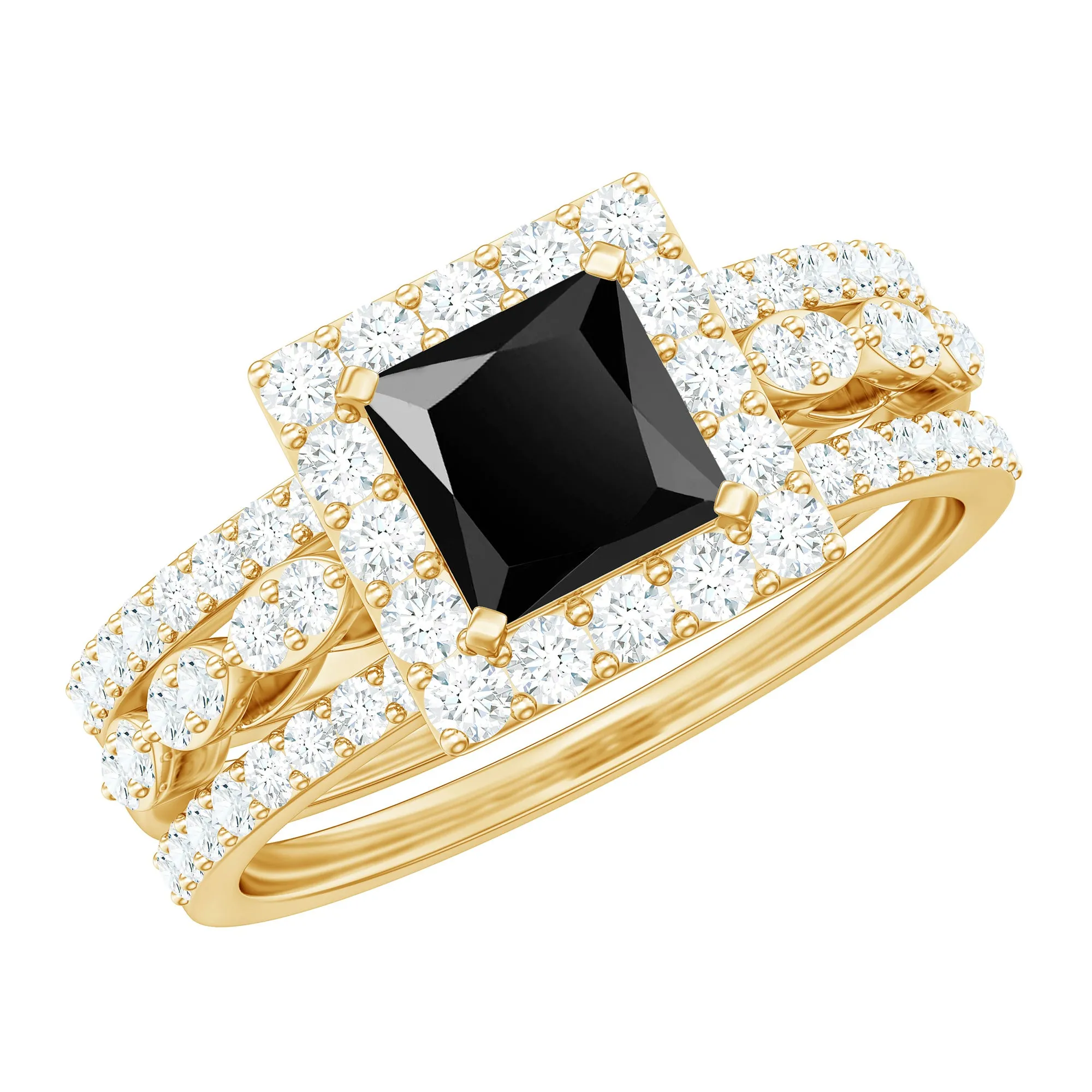 Princess Cut Black Onyx Bridal Ring Set with Moissanite Halo