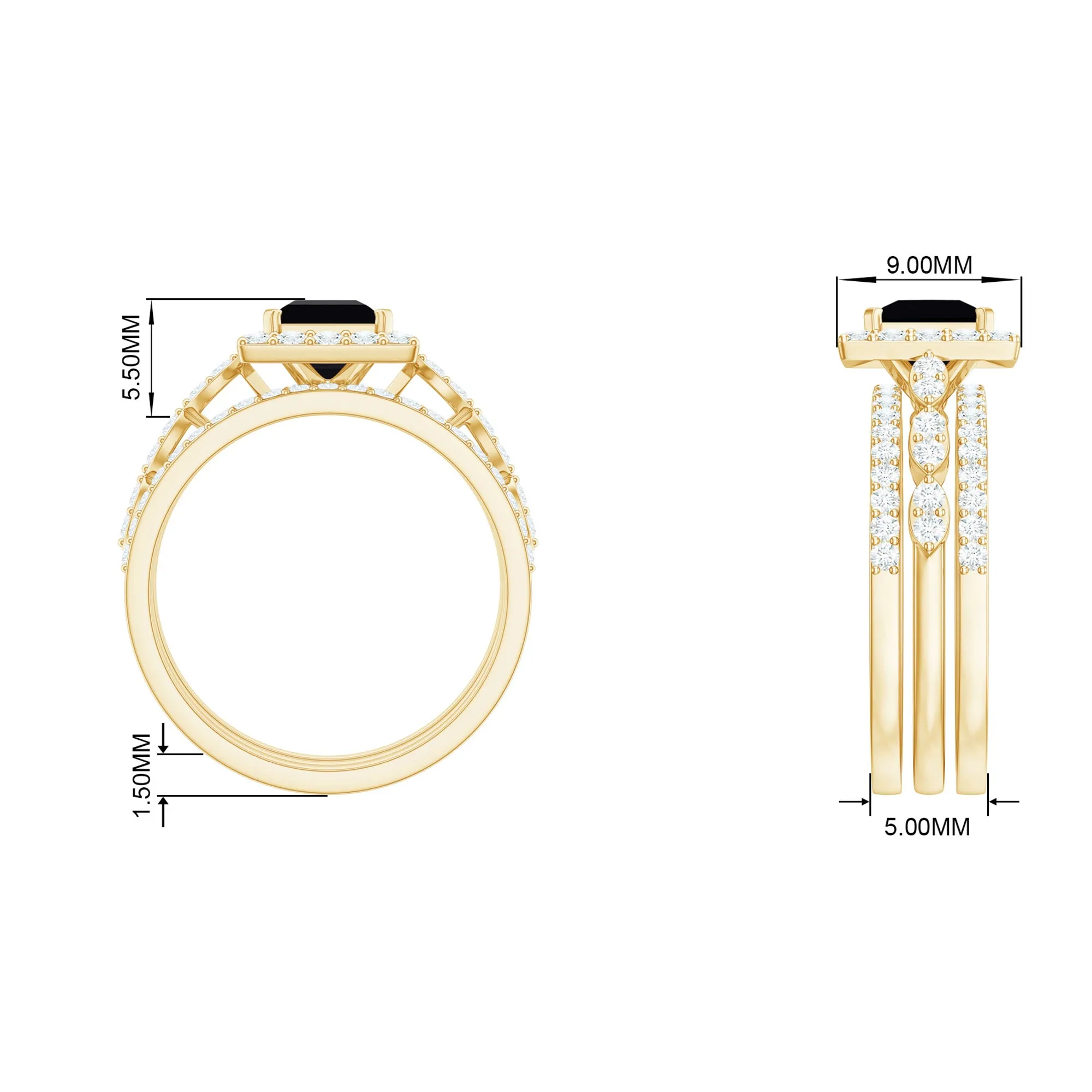 Princess Cut Black Onyx Bridal Ring Set with Moissanite Halo
