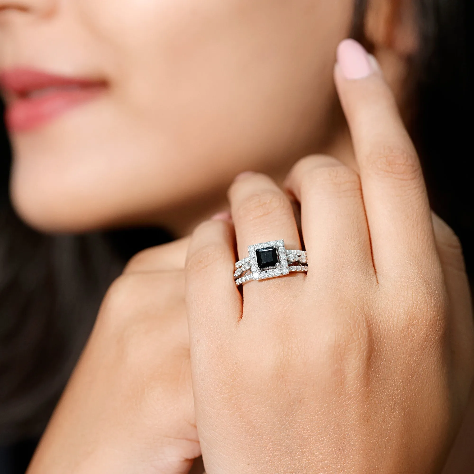Princess Cut Black Onyx Bridal Ring Set with Moissanite Halo