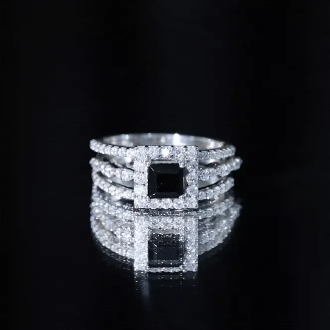Princess Cut Black Onyx Bridal Ring Set with Moissanite Halo