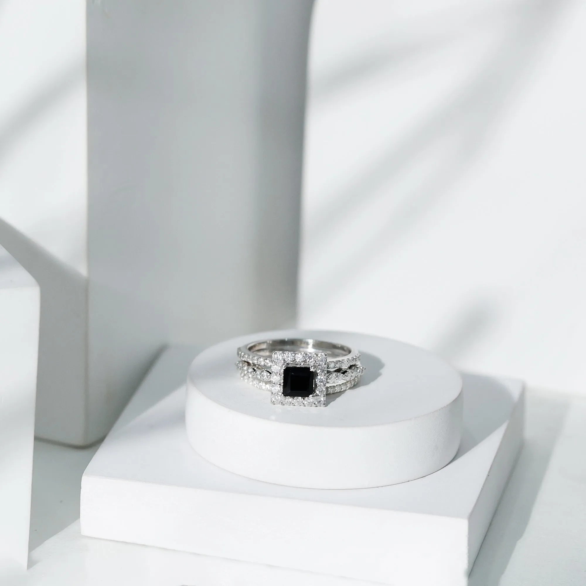 Princess Cut Black Onyx Bridal Ring Set with Moissanite Halo
