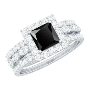 Princess Cut Black Onyx Bridal Ring Set with Moissanite Halo