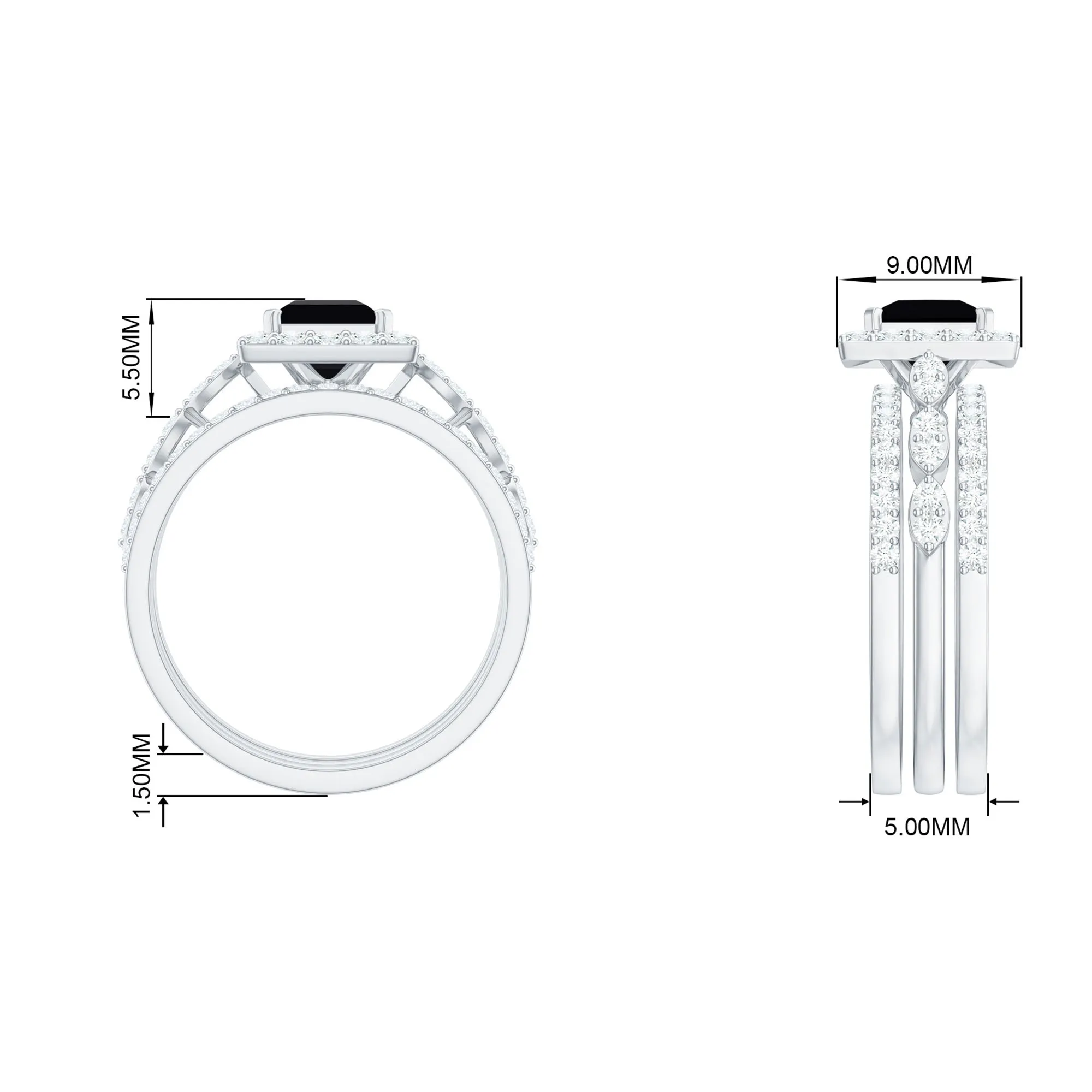 Princess Cut Black Onyx Bridal Ring Set with Moissanite Halo