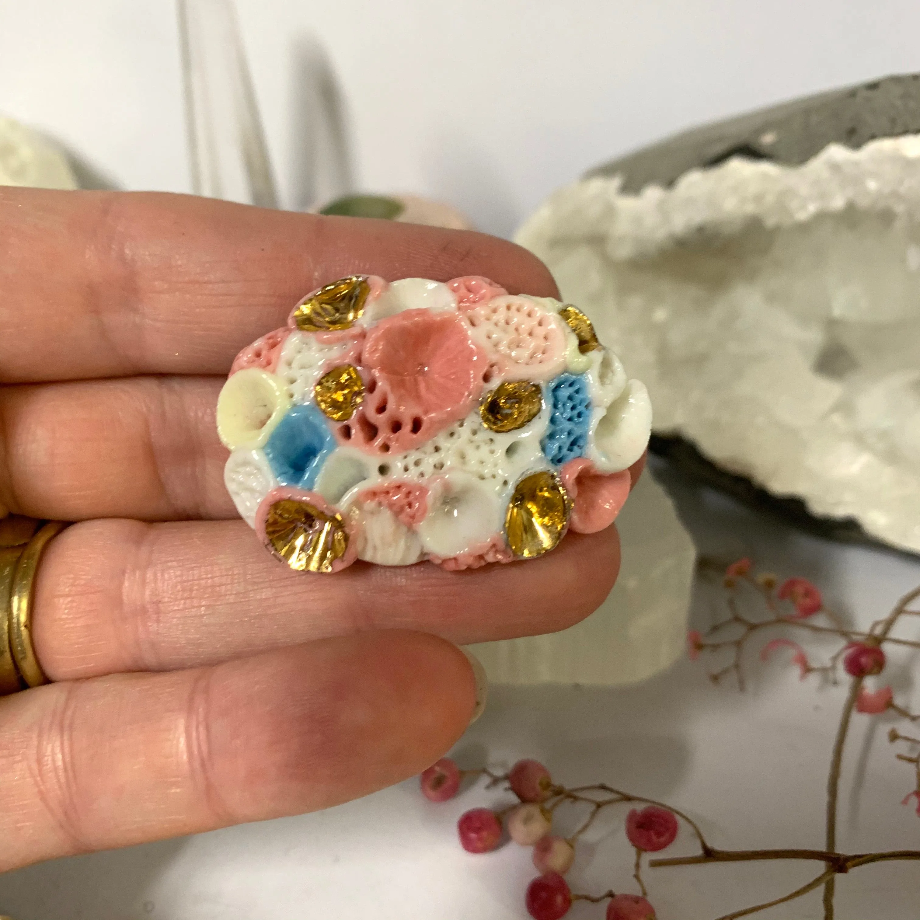 ‘Rock coral’ coloured porcelain brooch, choose one