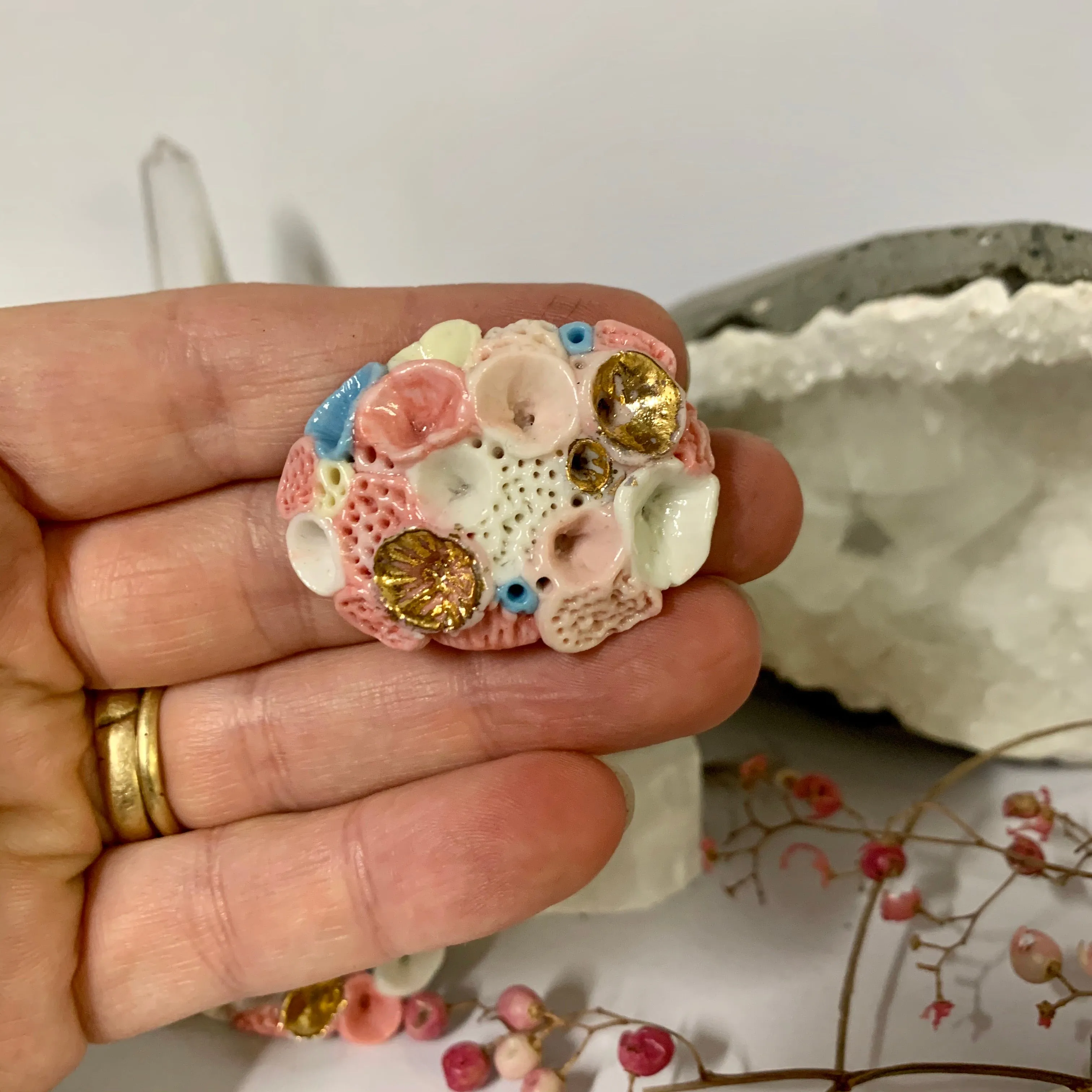 ‘Rock coral’ coloured porcelain brooch, choose one