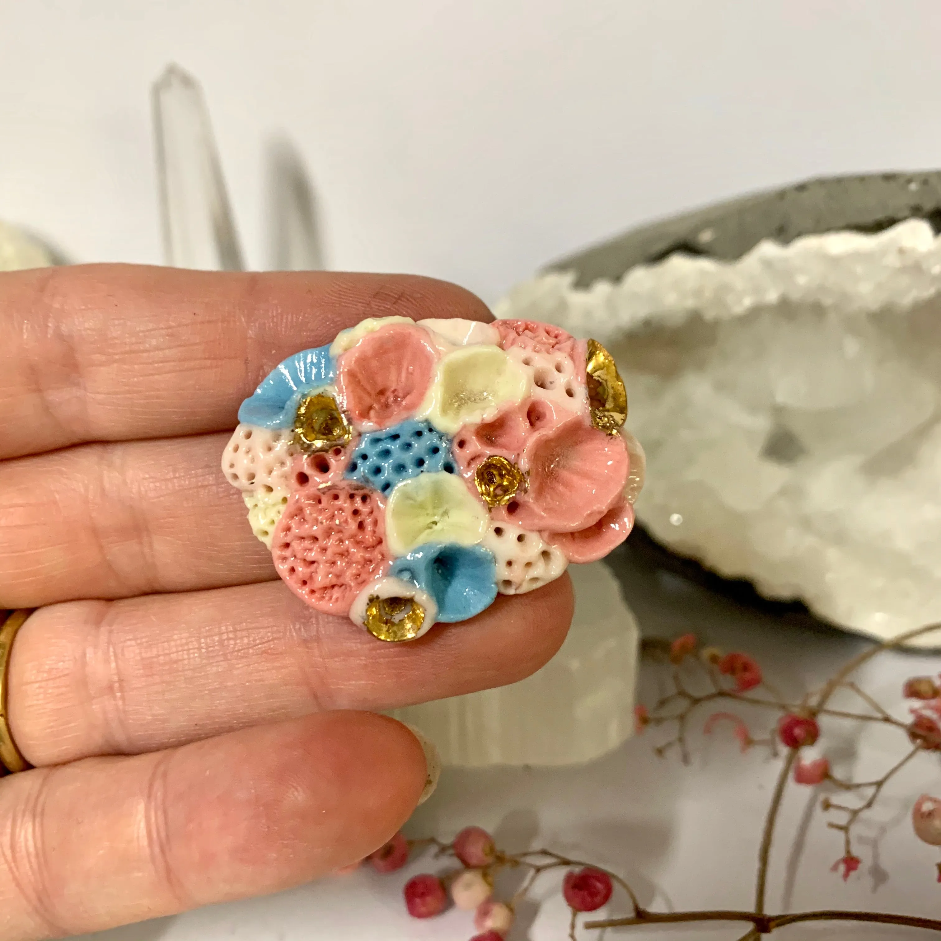 ‘Rock coral’ coloured porcelain brooch, choose one