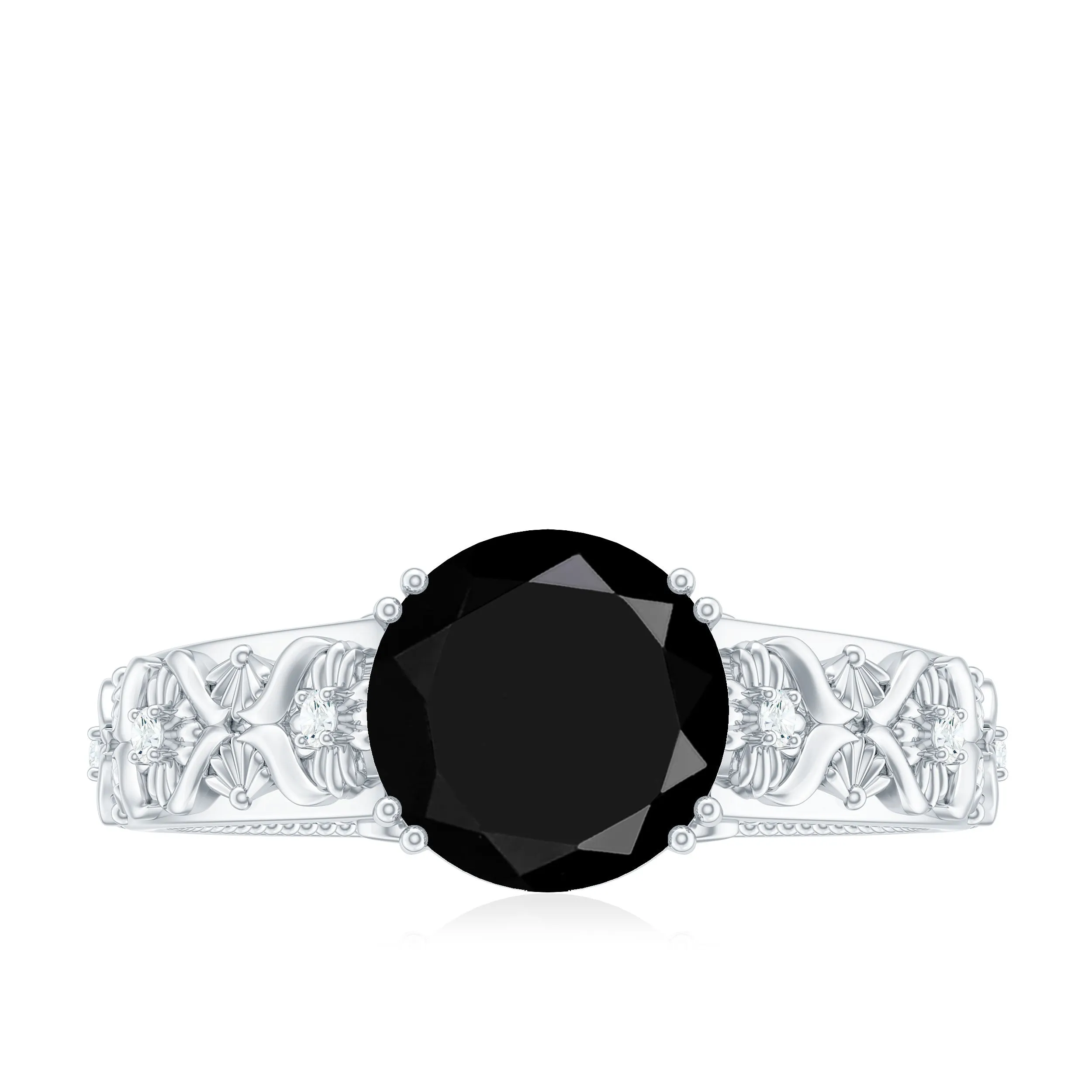 Round Black Onyx Floral Engagement Ring with Diamond
