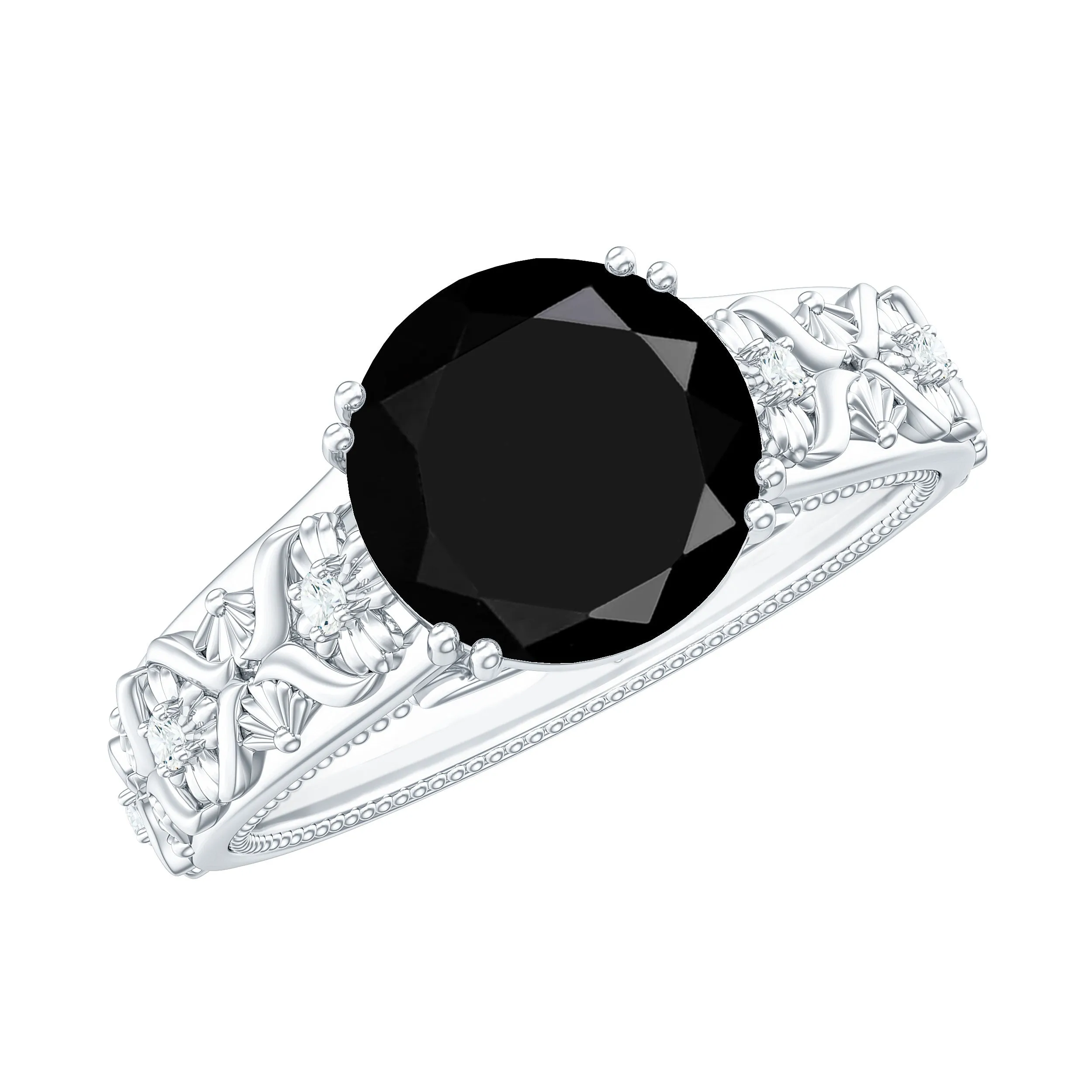 Round Black Onyx Floral Engagement Ring with Diamond