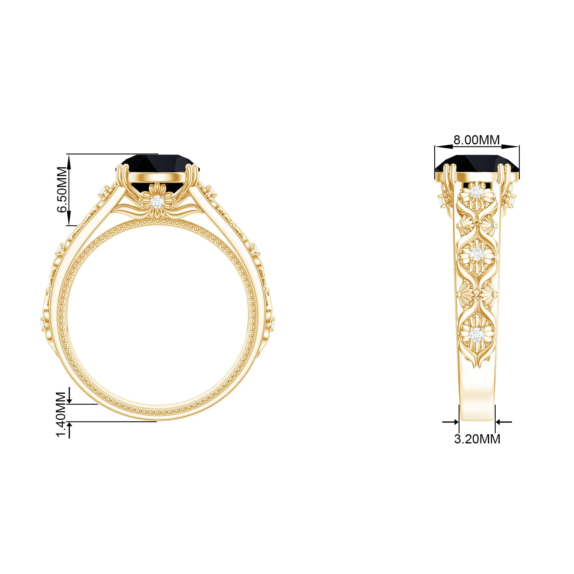 Round Black Onyx Floral Engagement Ring with Diamond