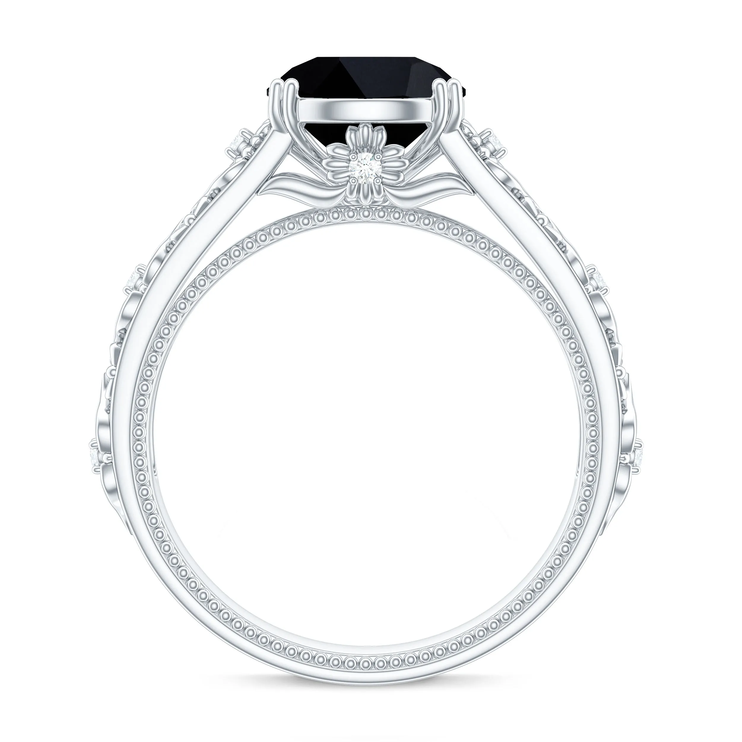 Round Black Onyx Floral Engagement Ring with Diamond