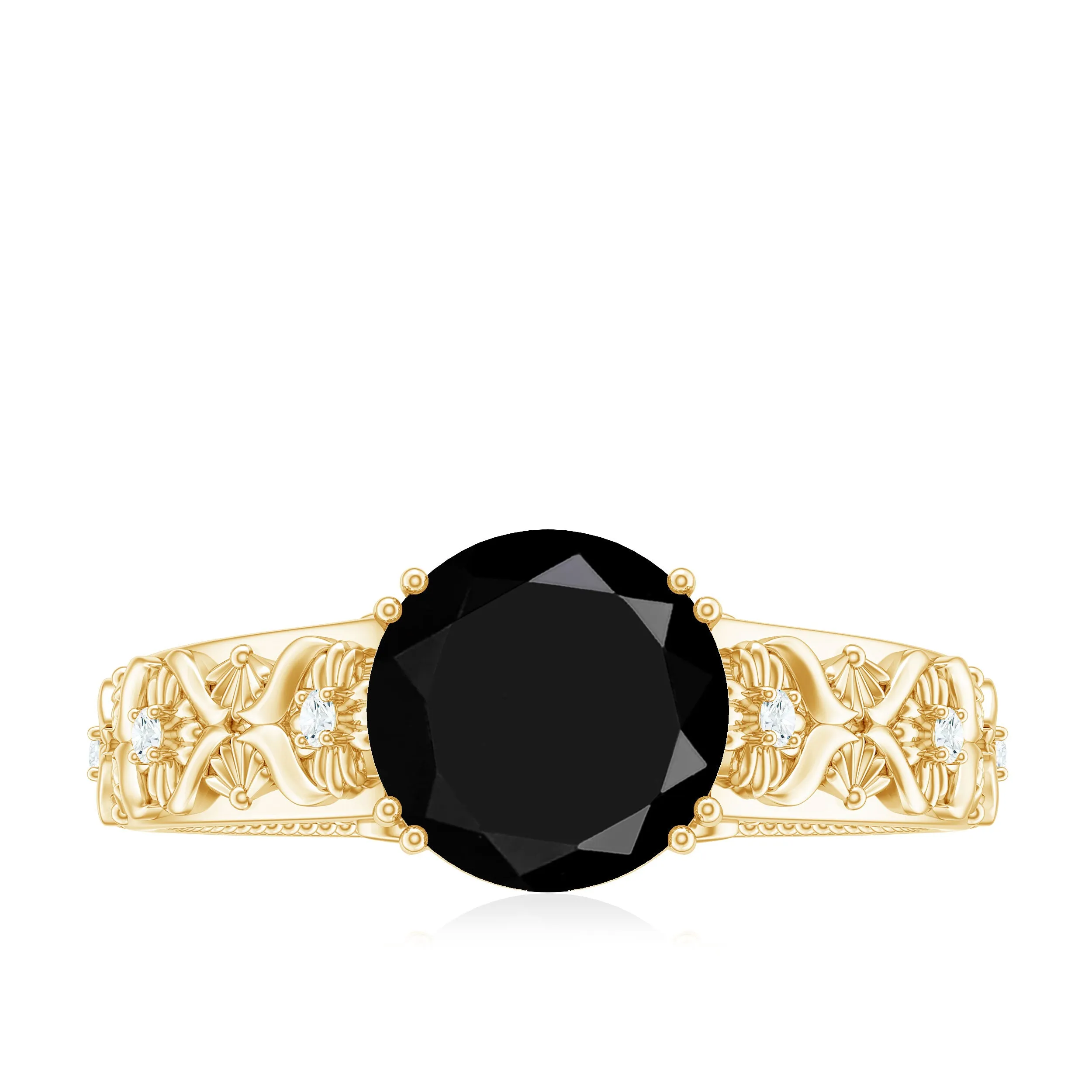 Round Black Onyx Floral Engagement Ring with Diamond