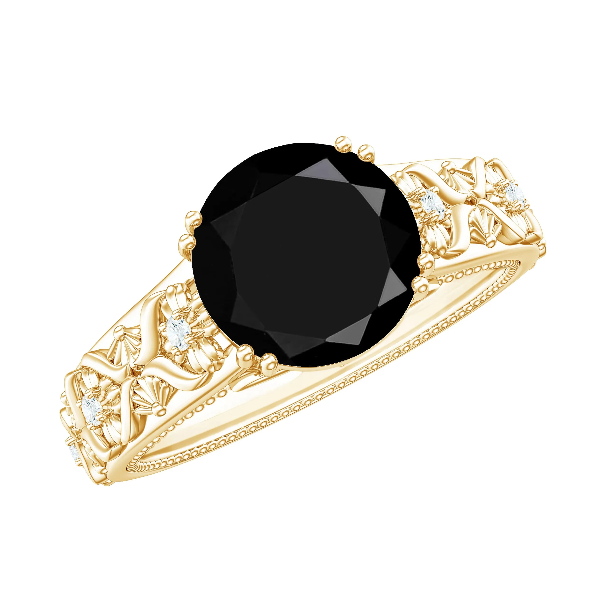 Round Black Onyx Floral Engagement Ring with Diamond