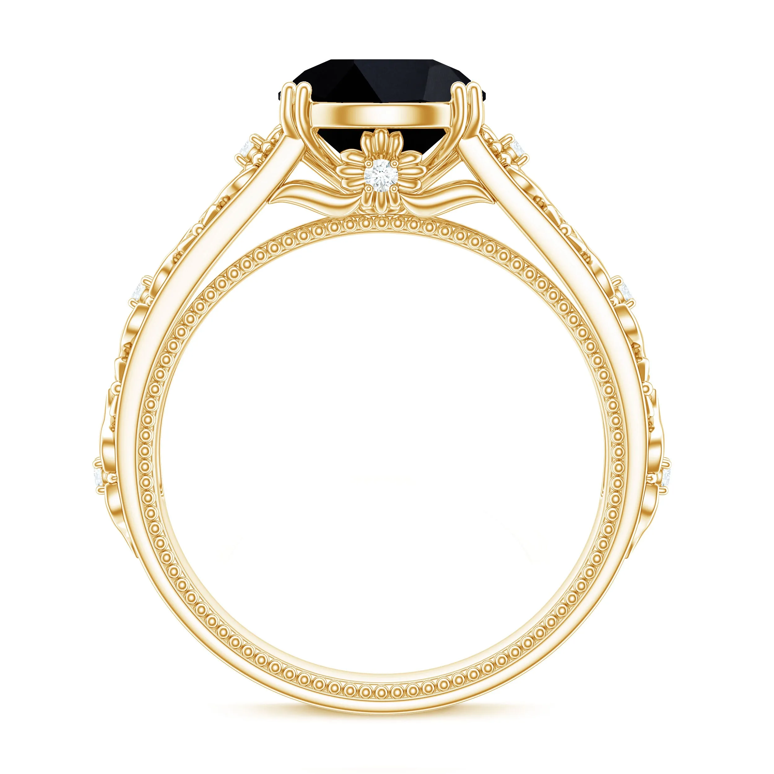 Round Black Onyx Floral Engagement Ring with Diamond