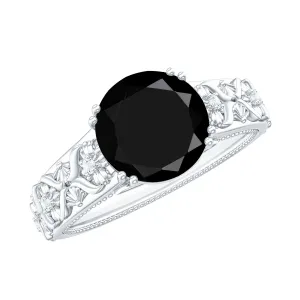 Round Black Onyx Floral Engagement Ring with Diamond