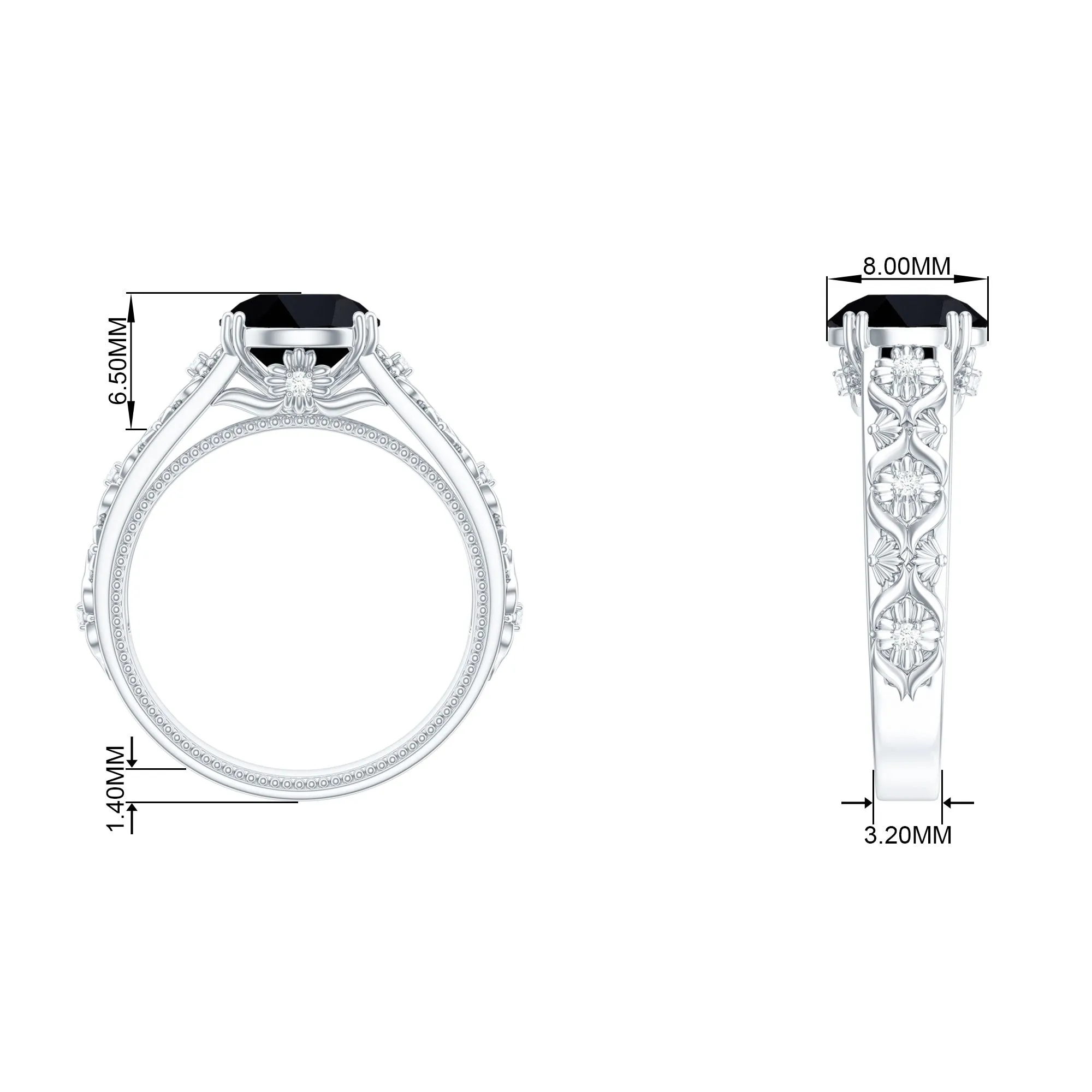 Round Black Onyx Floral Engagement Ring with Diamond