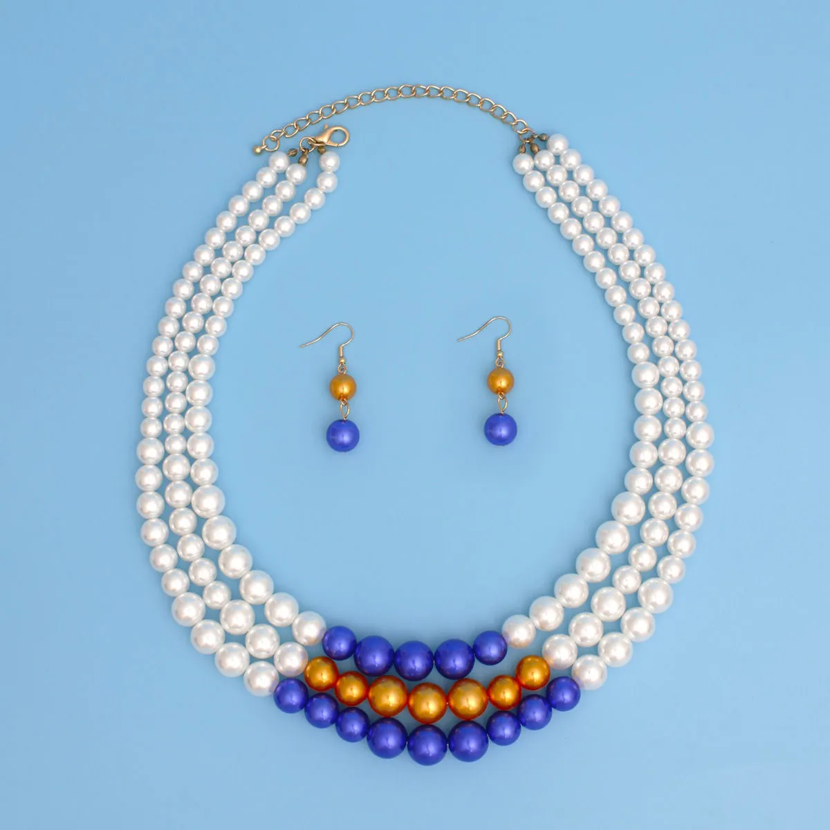 Sigma Gamma Rho SGRHO Pearl Necklace White Gold Blue Center 3 Strand Set