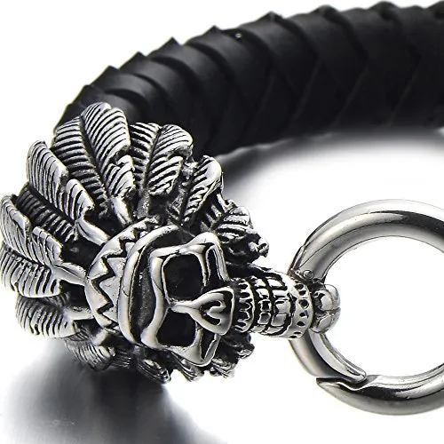 Stainless Steel Mens Indian Skull Bangle Bracelet Genuine Braided Leather Wristband Spring Ring Clasp