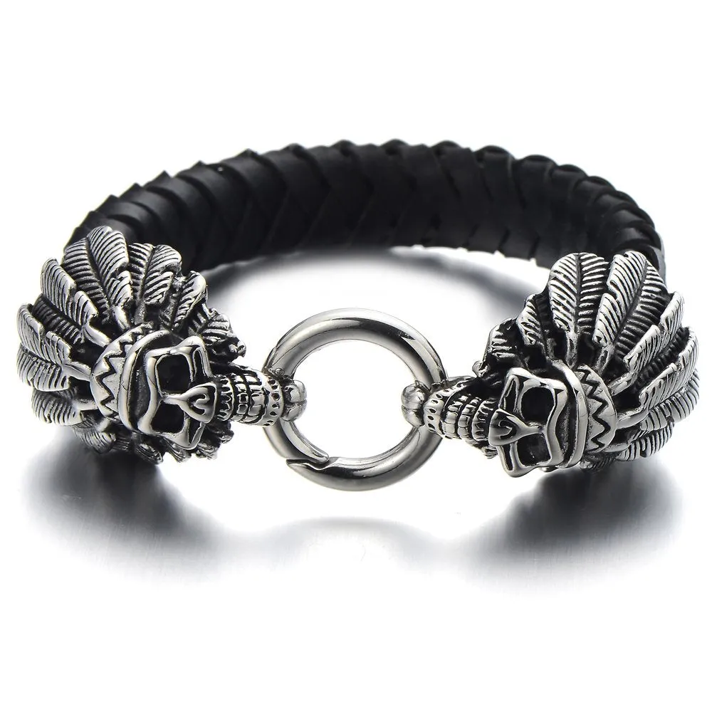 Stainless Steel Mens Indian Skull Bangle Bracelet Genuine Braided Leather Wristband Spring Ring Clasp