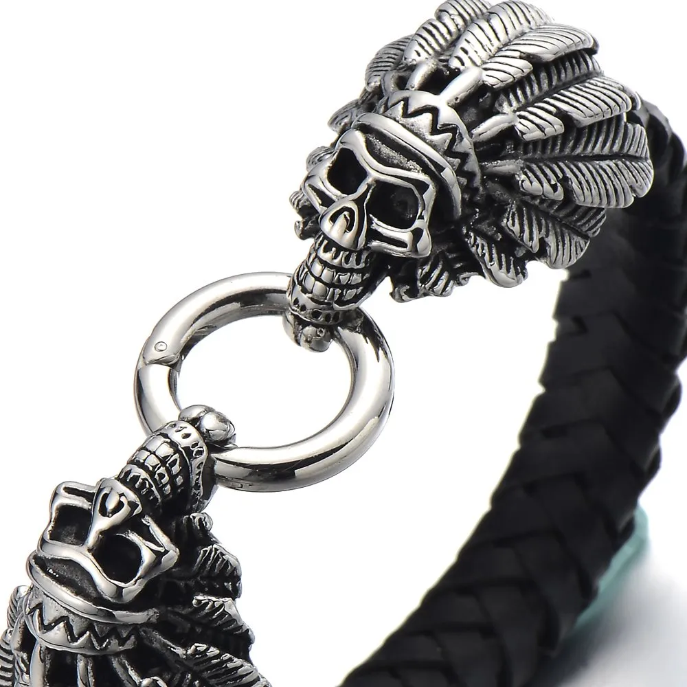 Stainless Steel Mens Indian Skull Bangle Bracelet Genuine Braided Leather Wristband Spring Ring Clasp