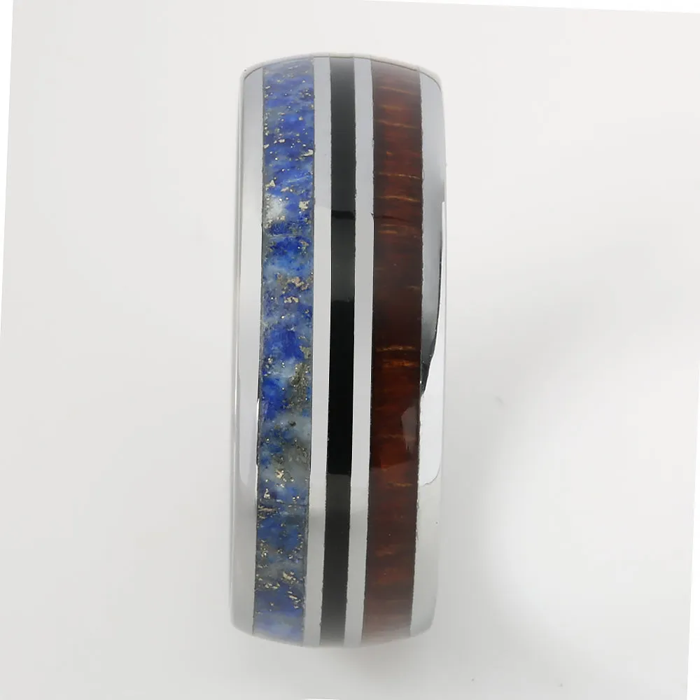 Tungsten Hawaiian Koa Wood and Lapis Lazuli Inlaid Triple Row Oval Wedding Ring 8mm