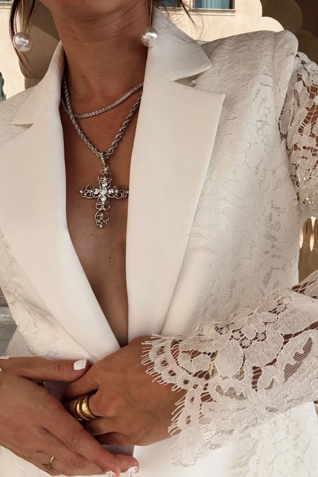 Valley Cross Silver and Pearl Pendant Necklace
