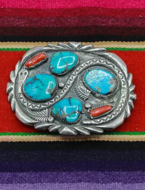 Vintage 60's Effie Calavaza Zuni Turquoise Belt Buckle Sterling Silver Coral Snake