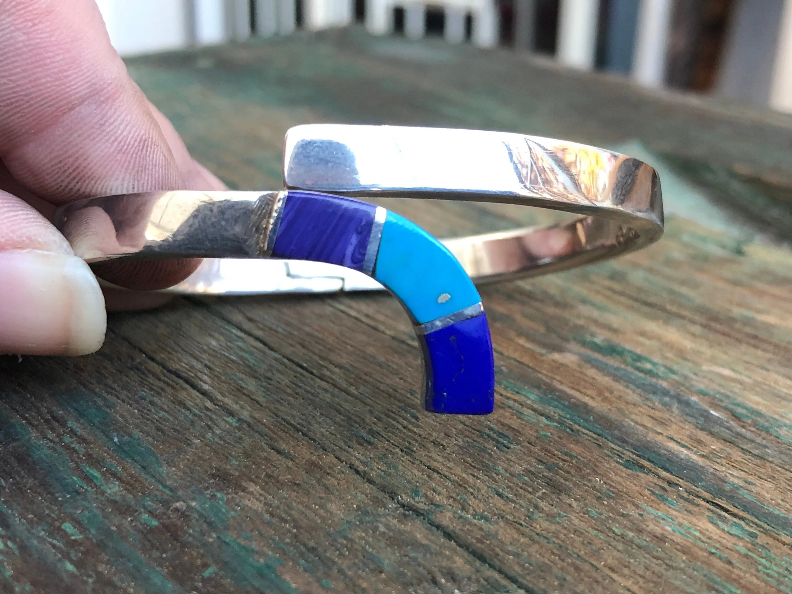 Vintage Lapis Lazuli, Turquoise & Purple Wampum Shell, Spiny Oyster Sterling Silver Hinged Native Taxco Mexican Bangle Bracelet