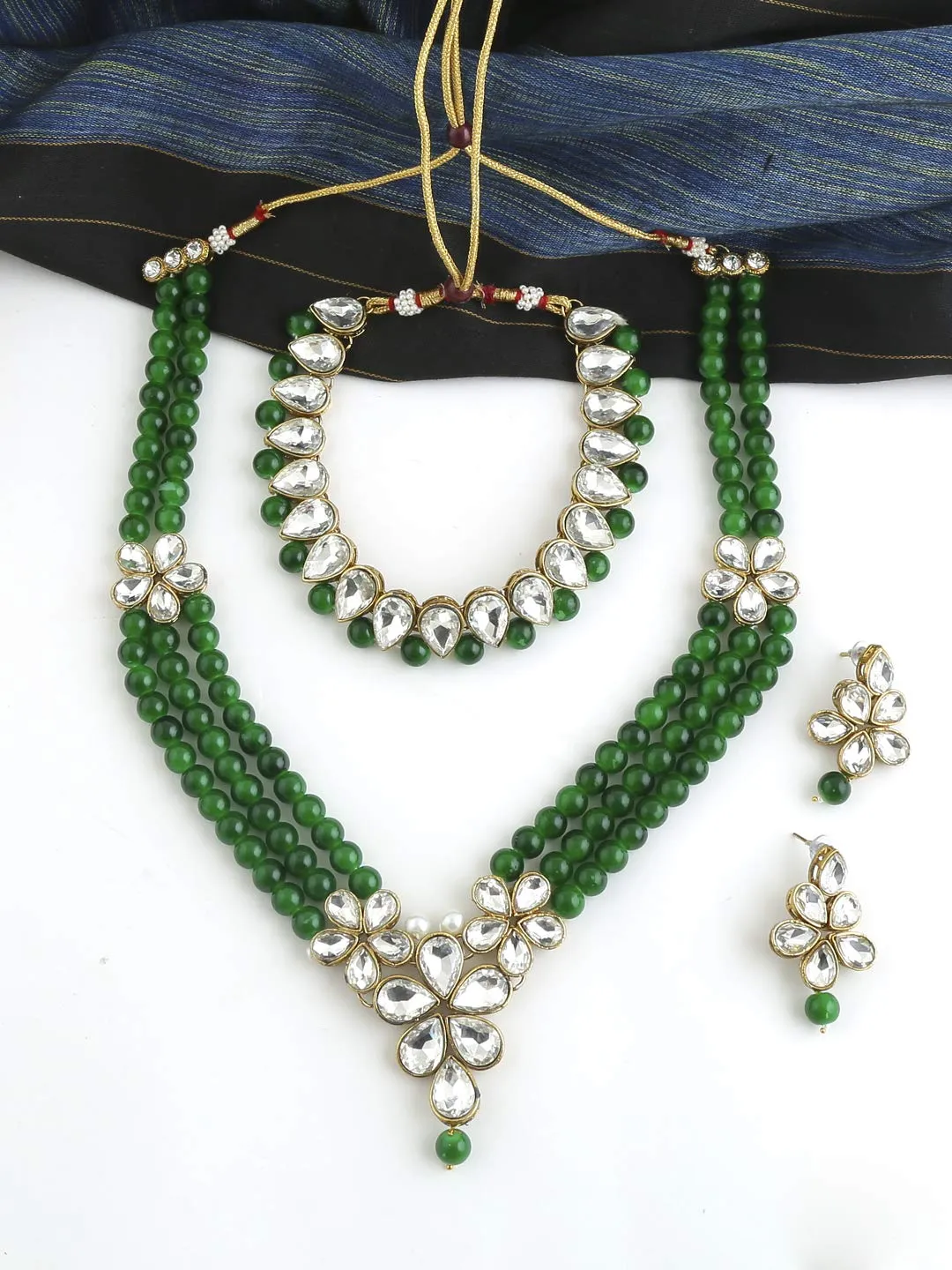 Yellow Chimes Ethnic Kundan Set Indian Traditional Green Pearl Multilayer Dulhan Bridal Jewellery Set Necklace Set for Women & Girls